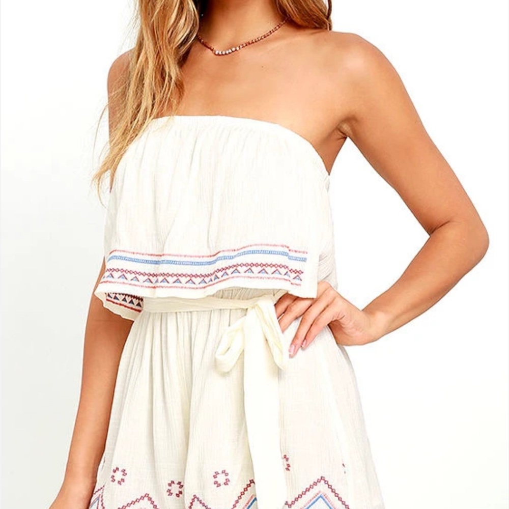 Lush - LuLus Strapless Embroidered Cream Summer Rompers